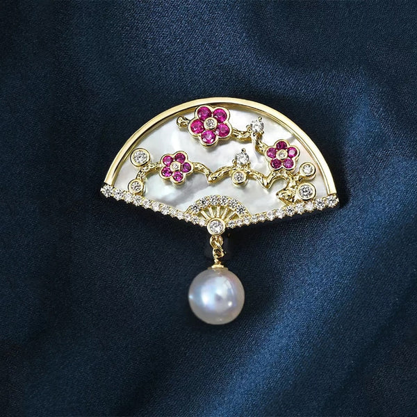Peach Blossom Fan Brooch Women Exquisite Elegant Brooch