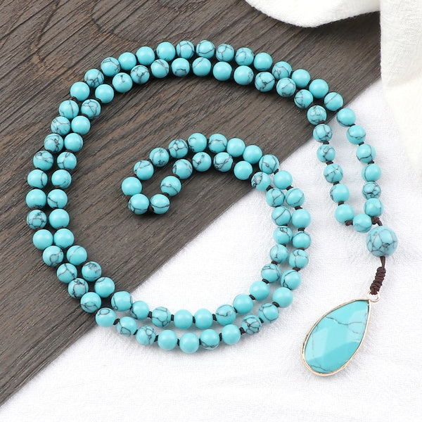 Collar con colgante de gota de agua para mujer, de moda, con cuentas de piedra azul natural.