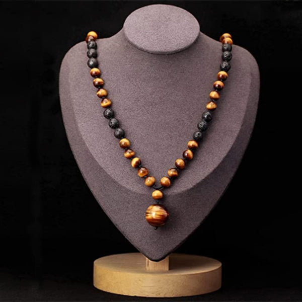 Collar de cuentas curativas con colgante de roca de lava y ojo de tigre para mujeres y hombres