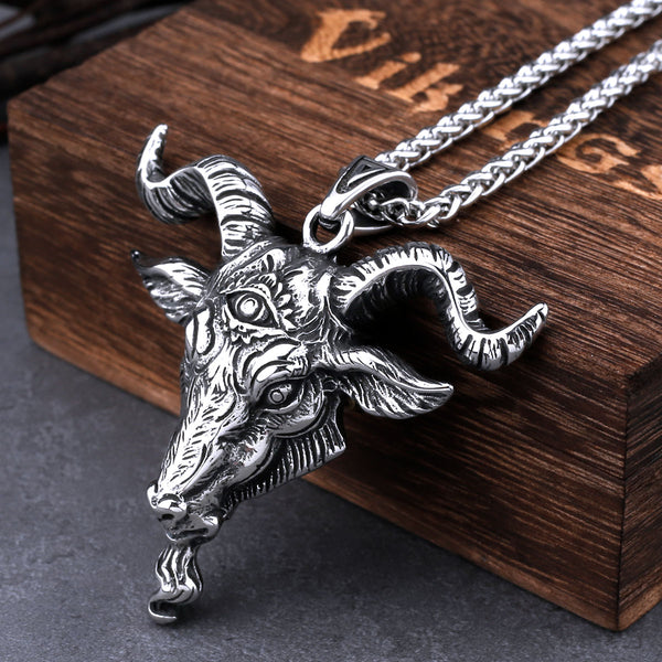 Viking Lucifer Satanic Ram Head Necklace Men's Stainless Steel Vintage Punk Pendant Necklace