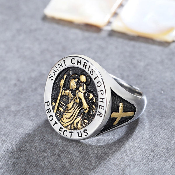 Anillo vintage de acero inoxidable con la cruz de la Virgen María de San Cristóbal y la Bestia para hombre, estilo punk, motero y cristiano.