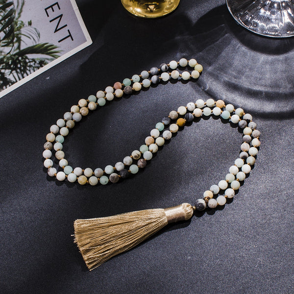 Collar de 108 cuentas mala anudadas de amazonita mate de 6 mm