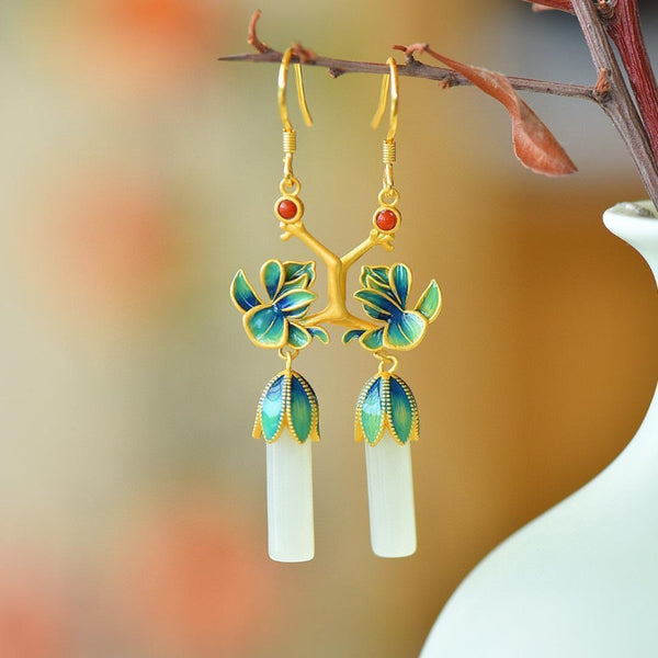 Natural Hotan Jade Enamel flower earrings for women