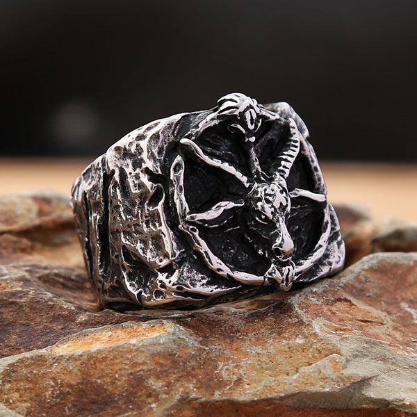 Anillo vintage de calavera de cabra satánica de acero inoxidable 316L, estilo punk, con pentagrama satánico.