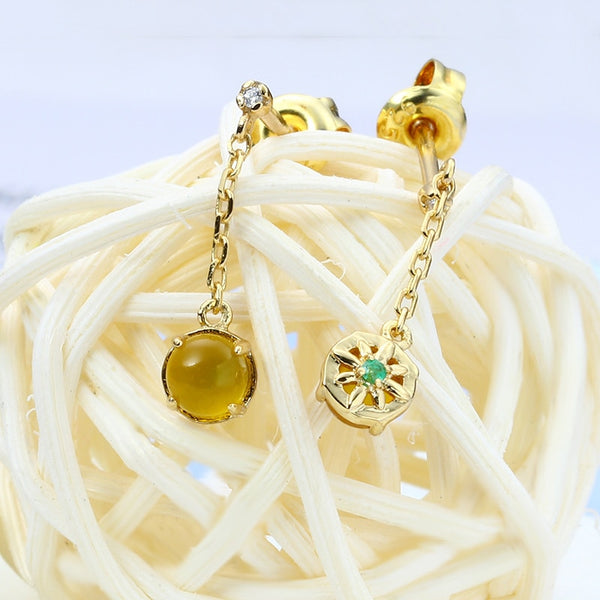 S925 sterling silver yellow chalcedony round double-sided long earrings