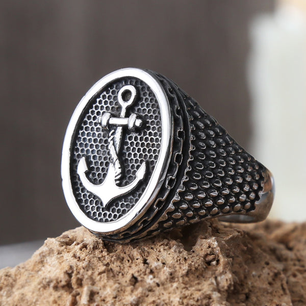 Anillo de ancla vikingo retro con diseño de puntos y protuberancias para hombre, acero inoxidable, color acero, sello, anillos para hombre