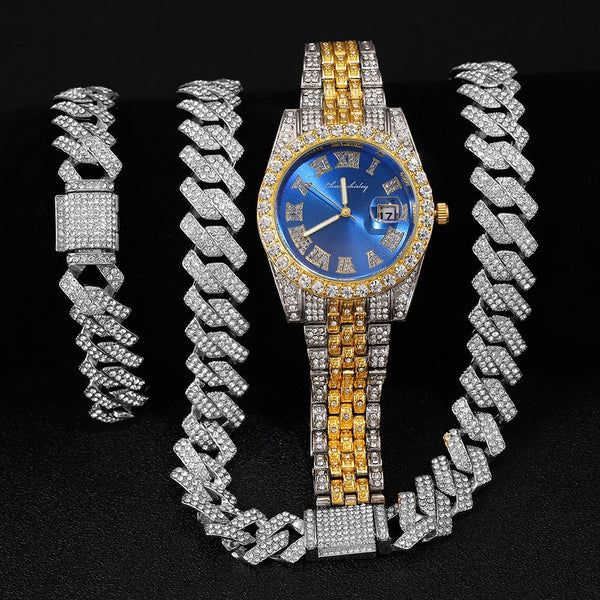 Hip Hop 16MM 3PCS KIT Heavy Watch+Prong Cuban Necklace+Bracelet