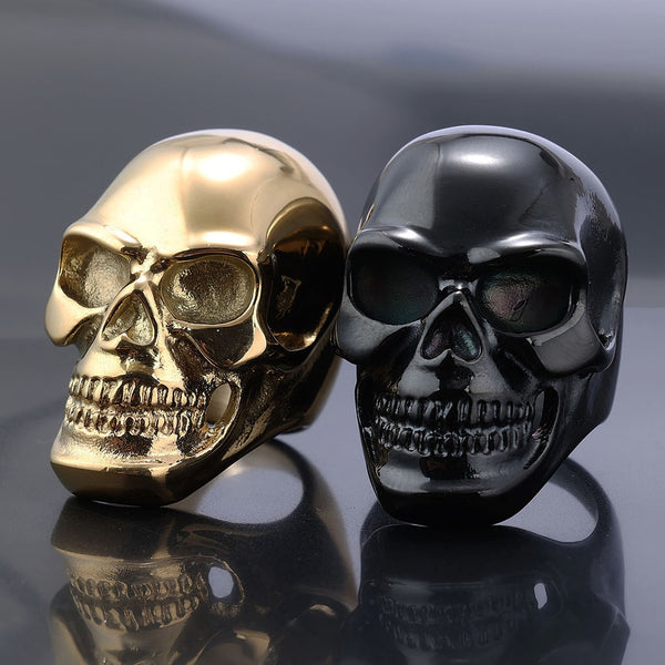 Anillo de acero inoxidable con calavera gótica retro para hombre y niño, estilo motociclista, estilo hip hop callejero, color negro y dorado, joyería para Halloween