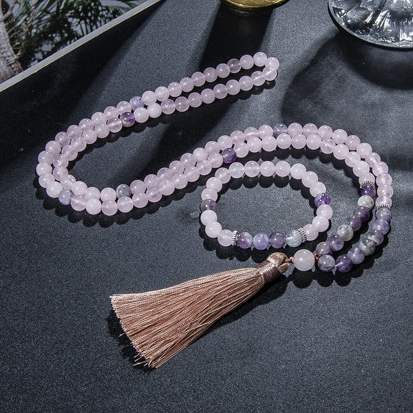 Collar Mala con cuentas de amatista y cuarzo rosa de 8 mm