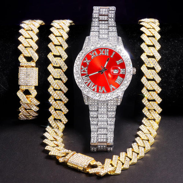 1 KIT Collar + Reloj + Pulsera Hip Hop Rapero Cadena Cubana