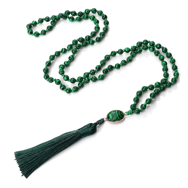 Collar de oración Mala 108 con cuentas de piedra natural de 6 mm y dije de malaquita verde