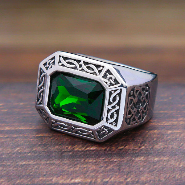 Anillo creativo de piedra verde cuadrada estilo punk hip hop para hombre y mujer