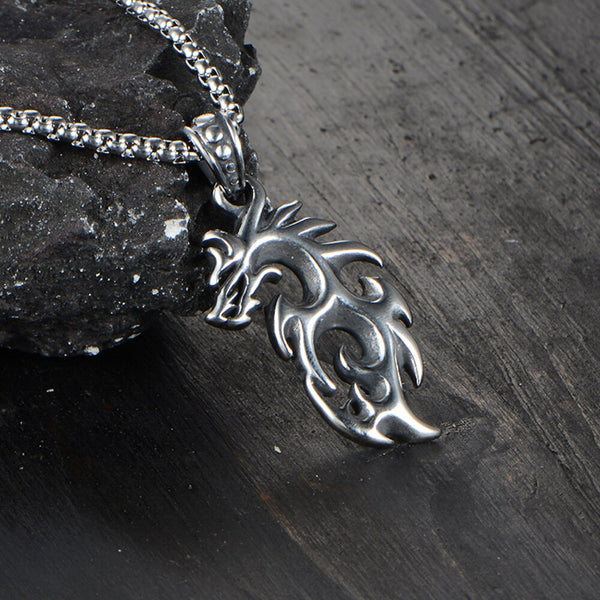 Collar con colgante de dragón de llama de acero inoxidable vintage para hombre, estilo punk, hip hop y motero.