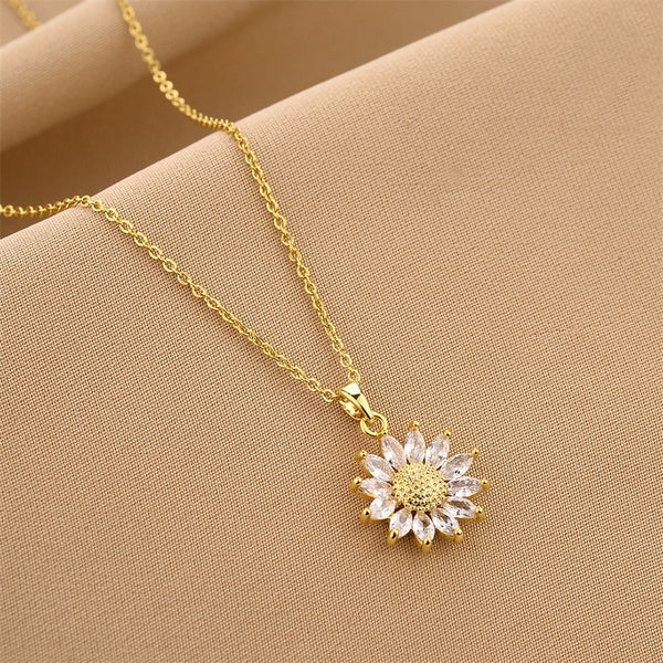 Gold Plated Sunflower Necklace for Women Jewelry Titanium Steel Zircon Big Pendant Necklace