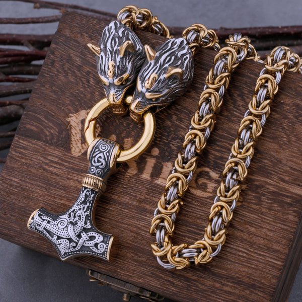 Collar con colgante de martillo de Thor y amuleto vikingo de cabeza de lobo de acero inoxidable