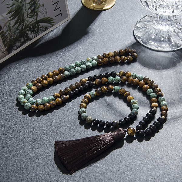 Collar de japamala con cuentas de ojo de tigre natural, turquesa africana y ónix negro de 8 mm