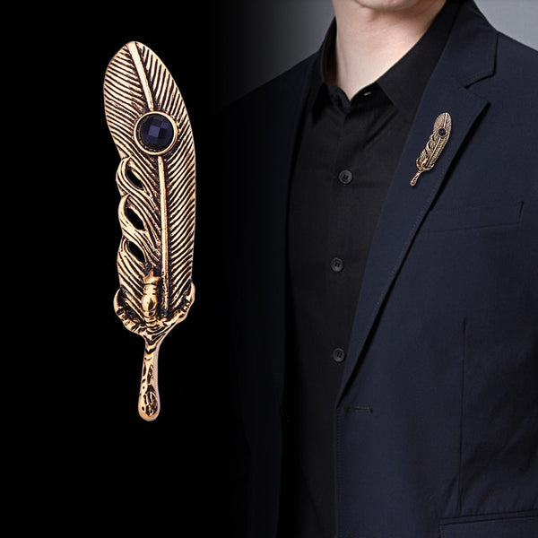 Broche de plumas de metal vintage, prendedor de solapa con hojas de cristal y broches