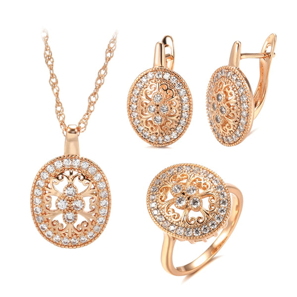 Conjunto de collar, pendientes y anillos con flores de cristal en oro rosa 585 para mujer.