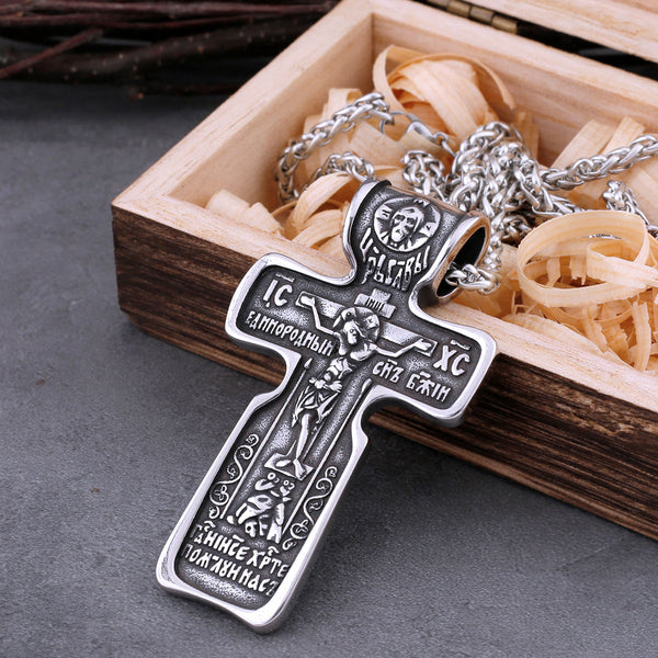 Collar de acero inoxidable con cruz de Jesús para hombre, diseño de San Benito
