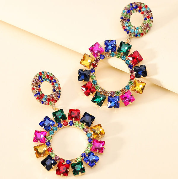 Pendientes colgantes grandes redondos de cristal colorido de moda bohemia para mujer