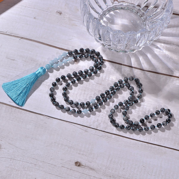 8mm Snowflake Obsidian Aquamarine Beads Knotted 108 Mala Necklace