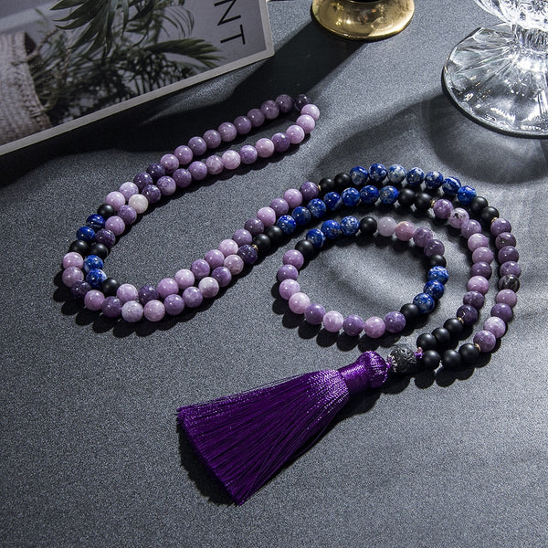 Collar de lepidolita de mica púrpura y lapislázuli natural de 8 mm con 108 cuentas de mala