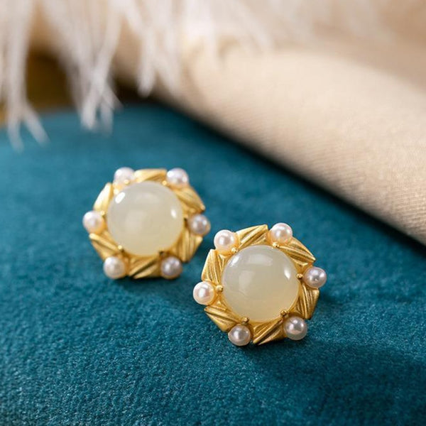 Natural Hetian White Jade Round Pearl Elegant Earrings