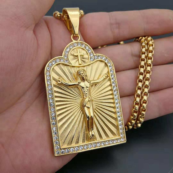 Rhinestones Religion Cross Necklace New Titanium Steel Gold-Plated Jesus Cross Pendant Necklace