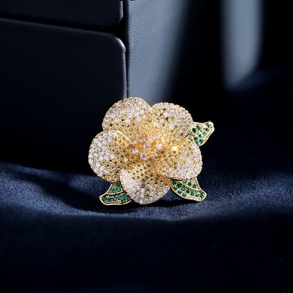 Luxury Three-Dimensional Camellia Copper Inlaid Cubic Zirconia Women Brooch Set