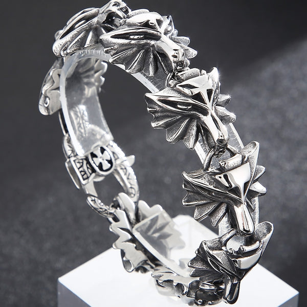 Viking 8Pcs Wolf Heads Link Chain Bracelet for Men Arm Rings