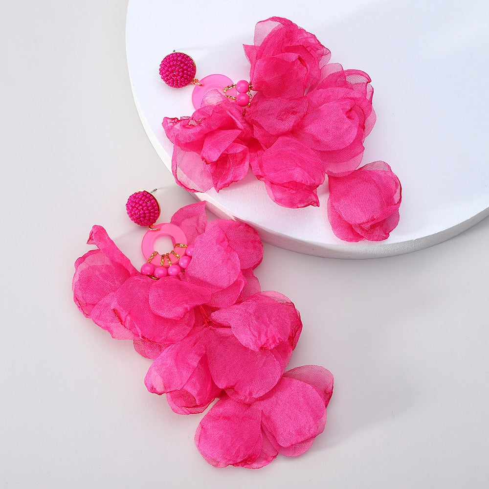 Fashion Elegant Rose Flower Petal Beaded Long Dangle Earrings For Women