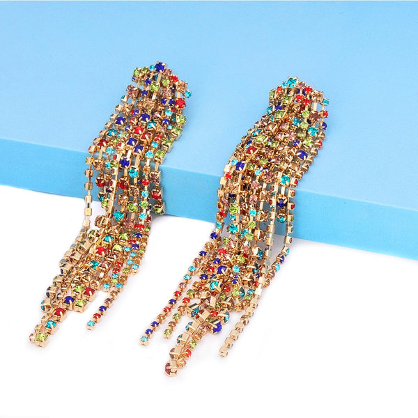 Nuevos pendientes largos de metal con borlas y diamantes de imitación, con cuentas de cristal.