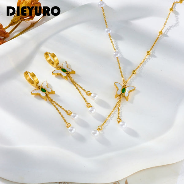 Collar y pendientes con colgante de mariposa y circonita verde de acero inoxidable 316L para mujer