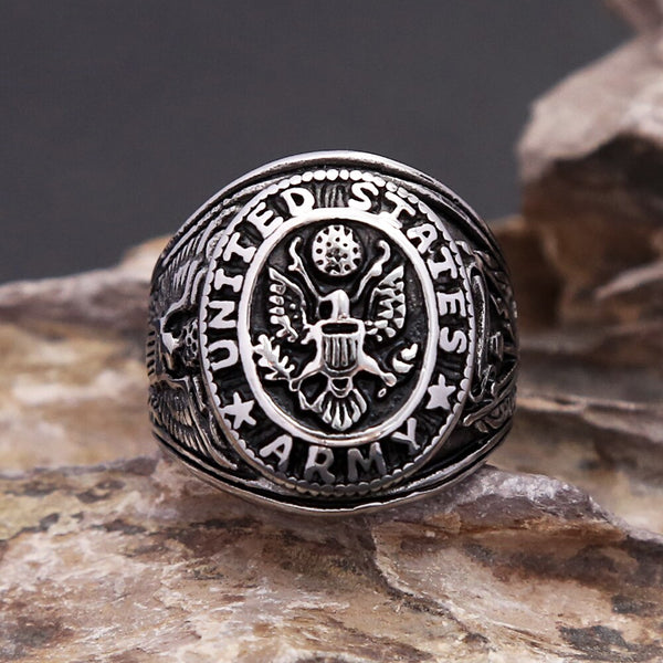 Anillo militar vintage de acero inoxidable del ejército estadounidense para hombre