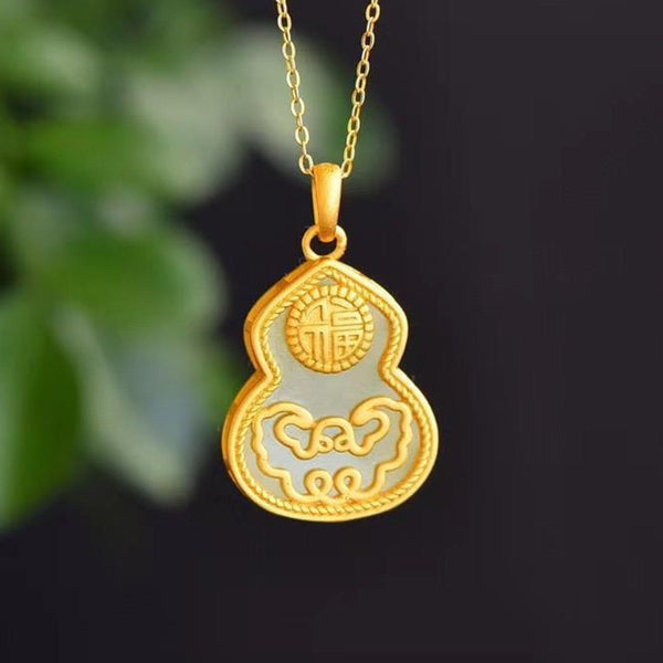 Collar con colgante de calabaza Ping An Ruyi de jade blanco hetiano natural de diseño original