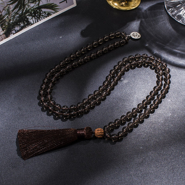 Collar Mala 108 anudado con cuentas de cuarzo ahumado de 8 mm