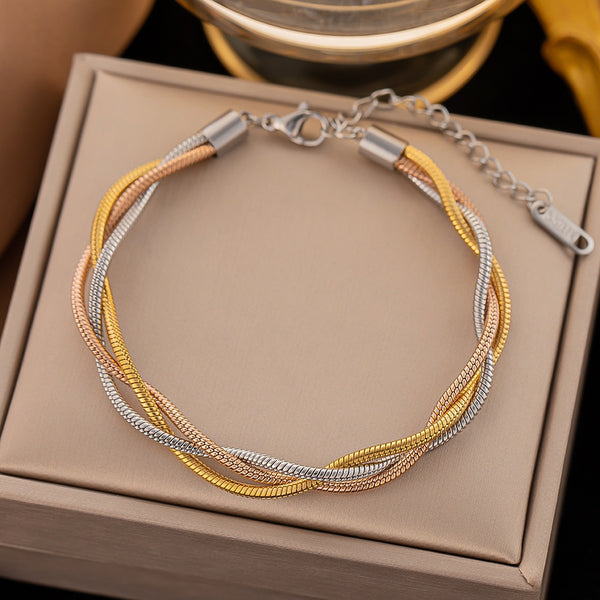 Pulseras de cadena de serpiente gruesa con dijes entrelazados de 3 colores para mujer. Joyería de alta gama.