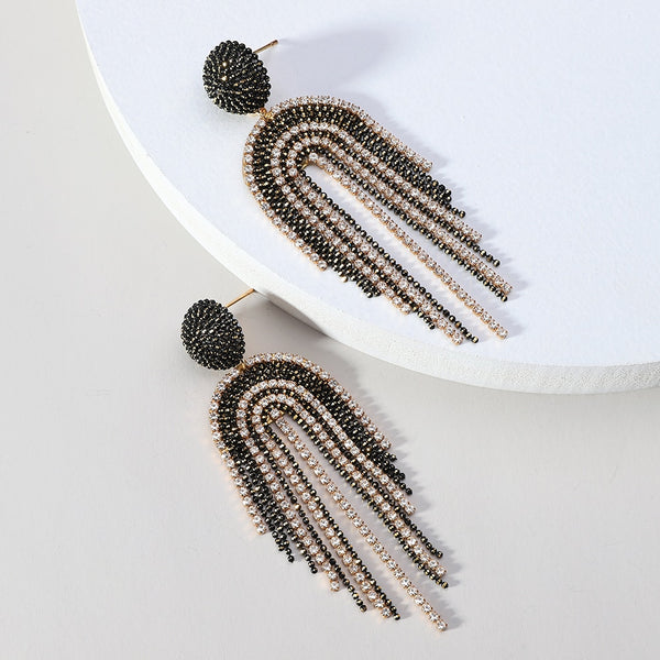 Pendientes colgantes geométricos con borlas y cadena de cuentas de diamantes de imitación vintage