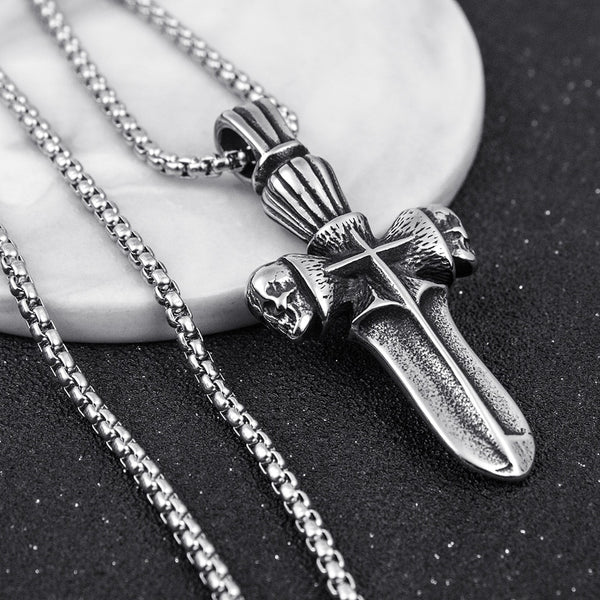 Collar con colgante de espada y calavera de acero inoxidable con personalidad punk hip hop para hombre