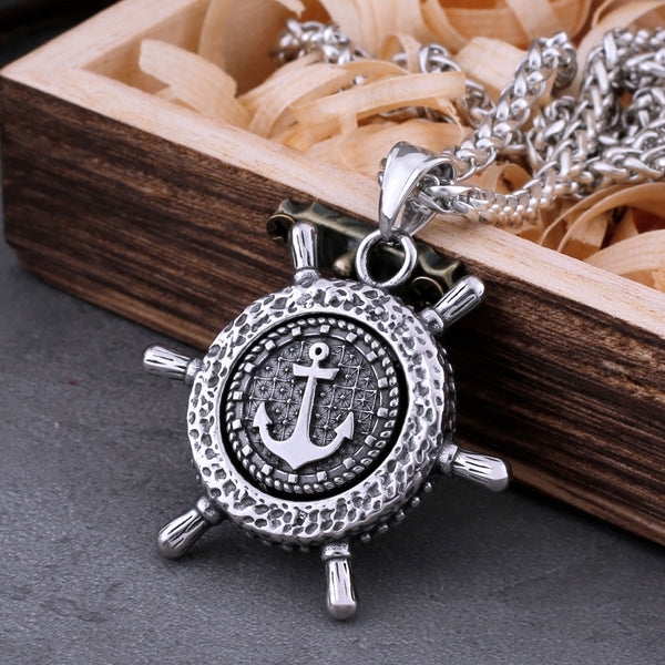 Collar vintage de acero inoxidable con ancla y timón de los vikingos nórdicos para hombre