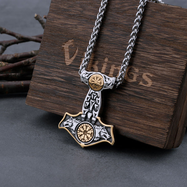 Collar de acero inoxidable con martillo de Thor vikingo Mjolnir, cabeza de lobo y runas nórdicas