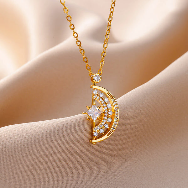 Fashion Women Star Moon Copper Zircon Pendant Necklace for Women