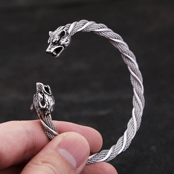 Pulsera de acero inoxidable con cabeza de lobo vikingo nórdico