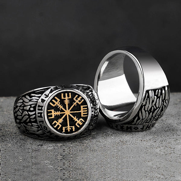 Anillo de acero inoxidable con brújula nórdica vintage para hombre, símbolo vikingo de Aegishjalmur.