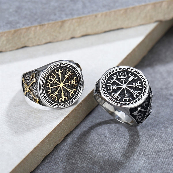 Anillo de brújula vikinga retro para hombre y motociclista, de acero inoxidable 316L nórdico, con hacha y Valknut.