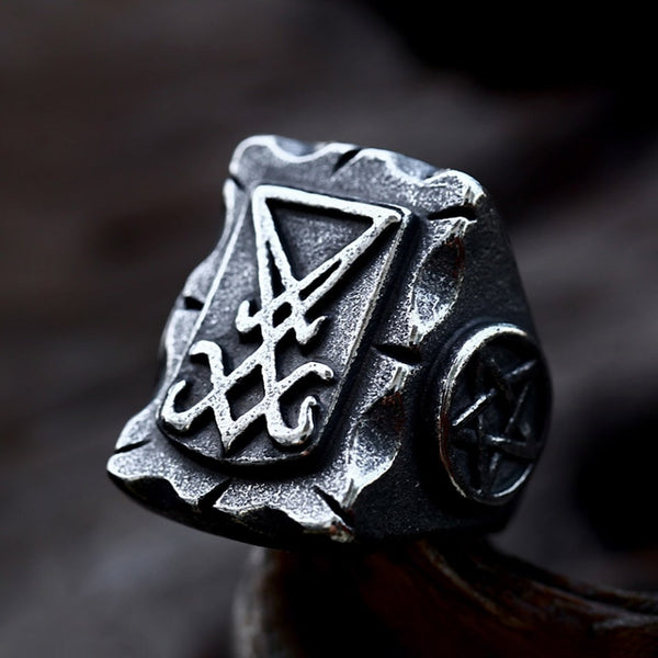 Anillo con sello de estrella de Lucifer, estilo punk retro, gótico, único, con símbolo del diablo, para hombre.