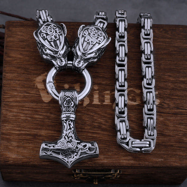 Viking Personality Bear Claw Wolf Head Necklace Stainless Steel Thor's Hammer Pendant