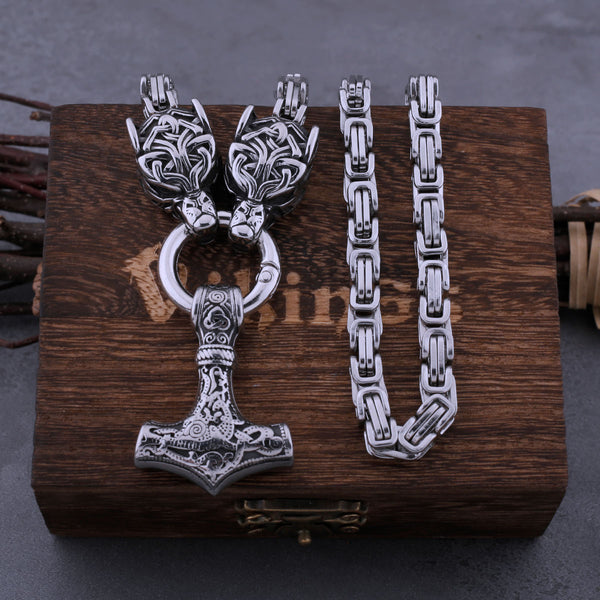 Collar vikingo de acero inoxidable con cabeza de lobo y martillo de Thor para hombre estilo punk