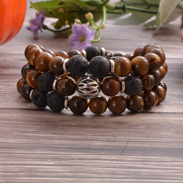 Gargantilla corta de acero inoxidable con cuentas de piedra de lava negra y ojos de tigre amarillo de 8 mm.