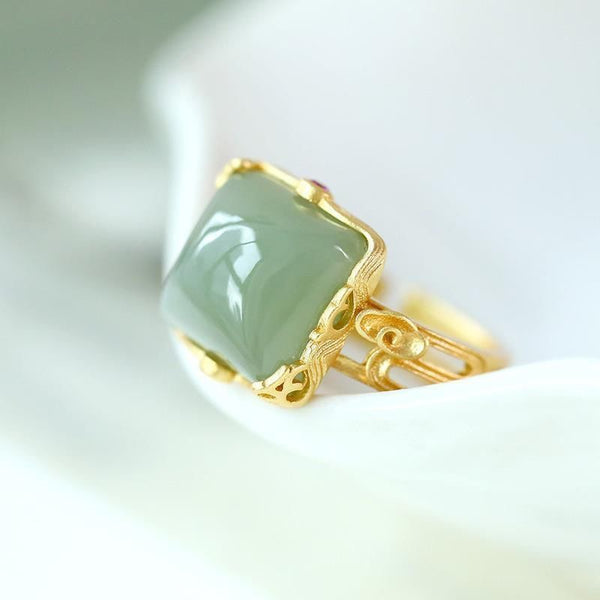 Three-dimensional Design Natural Hetian Jade Square Open Ring